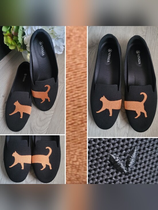 Vivaia Shoes - Vivaia Audrey Black-Cat Round Toe Black & Copper Embroidered Loafers, US 9 EU 40
